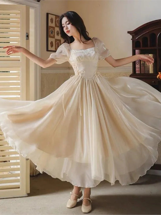 French Bubble Sleeves Dresses Summer Square Collar Evening Party Prom Sweet Chiffon Long Dress