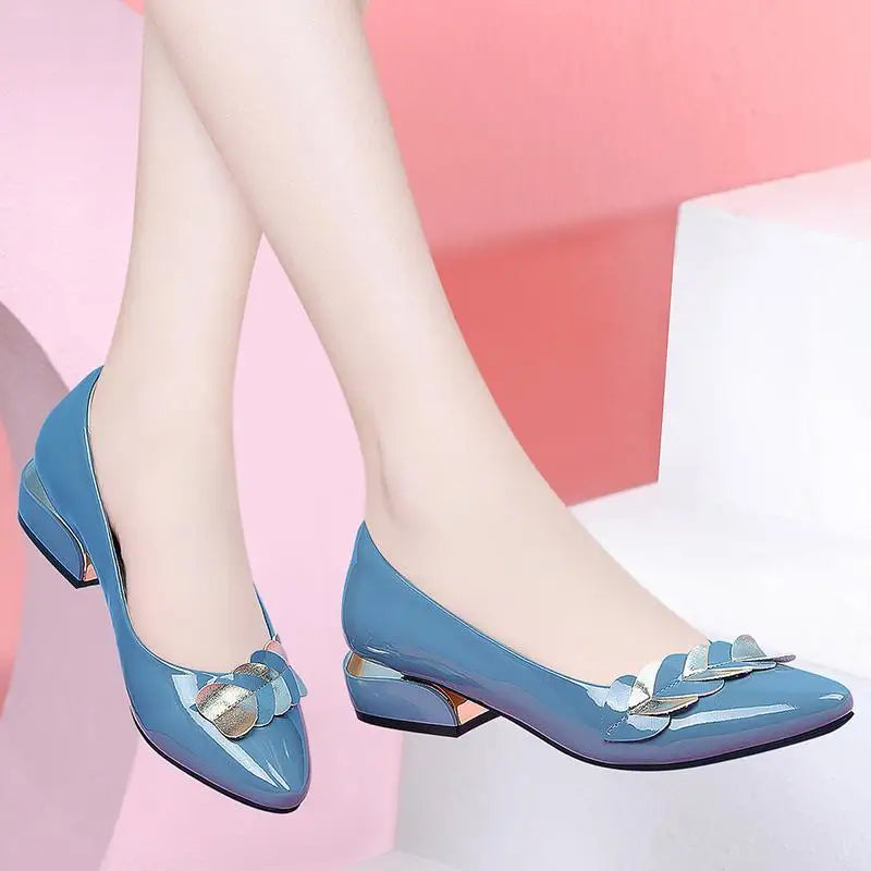 Low Heel Blue Normal Leather Shoes for Summer Footwear Pointed Toe Spring Brand Young 39
