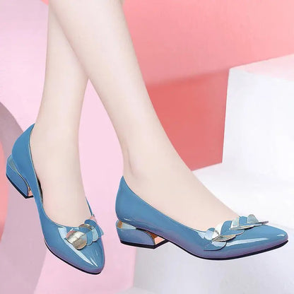 Low Heel Blue Normal Leather Shoes for Summer Footwear Pointed Toe Spring Brand Young 39
