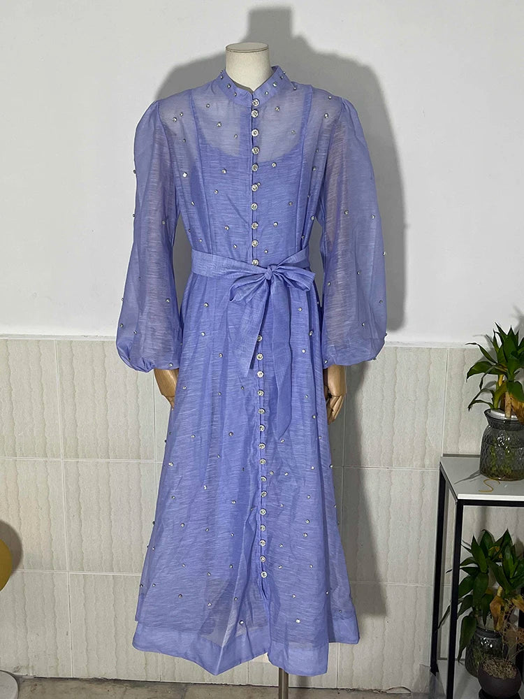 Long Dress British Style Beading Single Breasted Design Gentle Temperament Dresses Spring Autumn