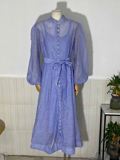 Long Dress British Style Beading Single Breasted Design Gentle Temperament Dresses Spring Autumn