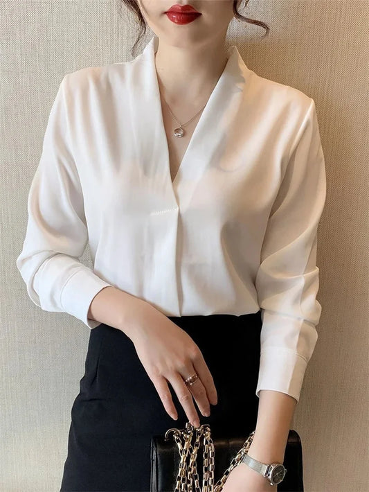 Spring Autumn Style Blouses Shirts Lady Office Wear Ol Long Sleeve V-neck Color Blusas Tops