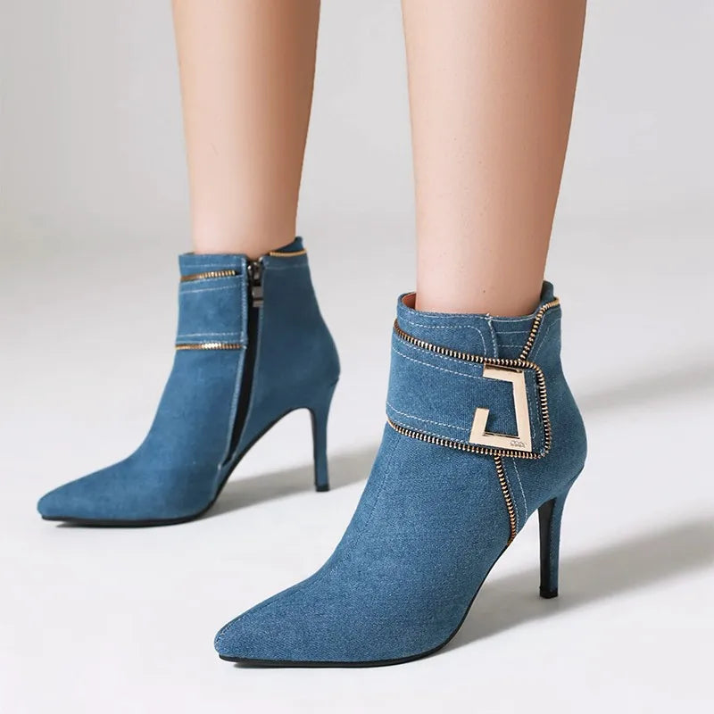 Western Denim Ankle Booties for Pointed Toe Zipper Daily Office High Heels Stilet Boots Autumn Trend New Shoes 3345