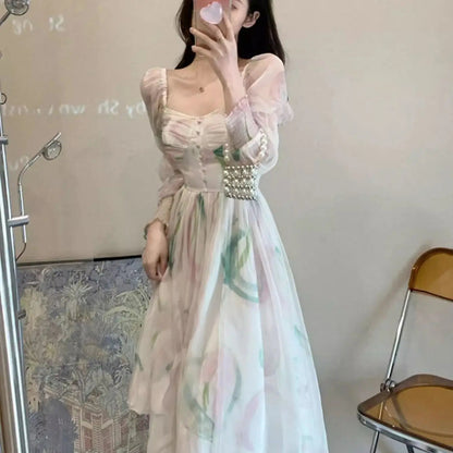 Chiffon Dresses Puff Sleeve Spring Summer Print Vestidos Mujer French Style Sweet Long Dress