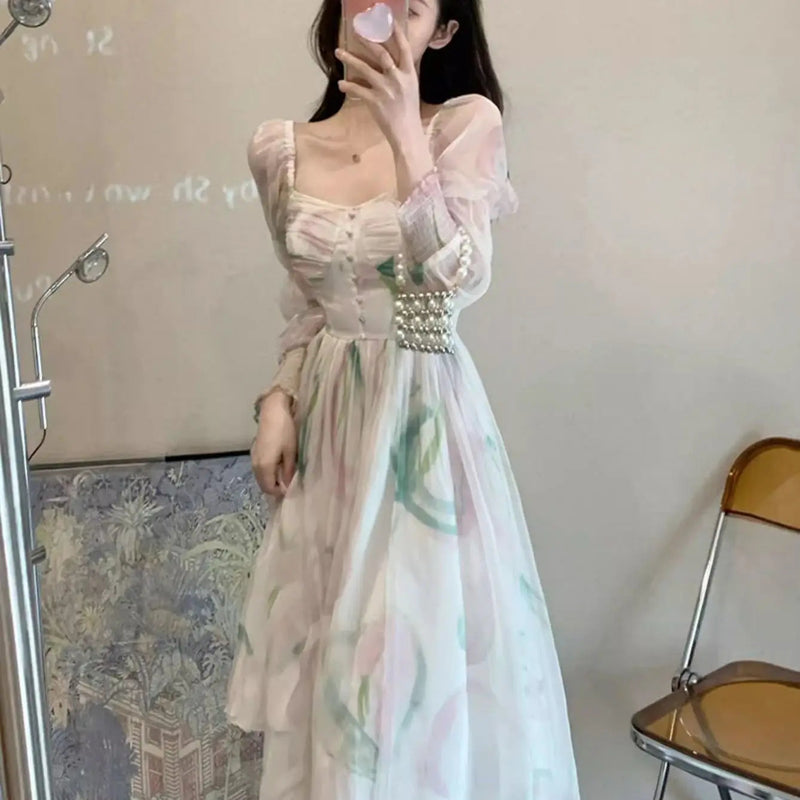 Chiffon Dresses Puff Sleeve Spring Summer Print Vestidos Mujer French Style Sweet Long Dress