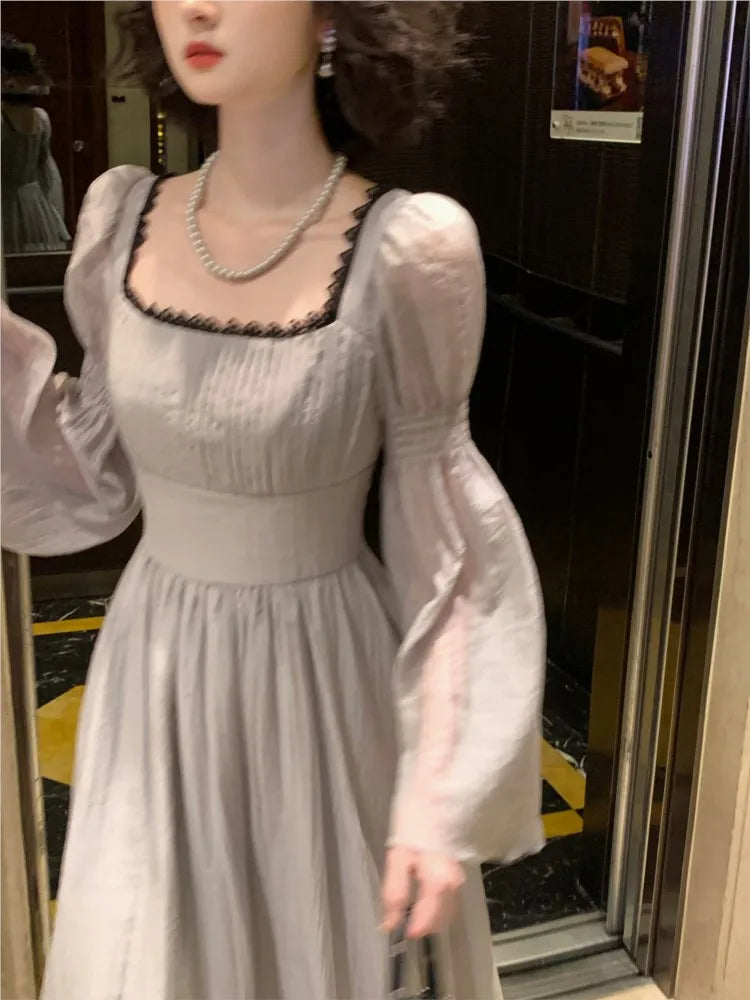 Autumn Princess Midi Dresses for Square Collar Flare Sleeve A-line Party Dress Slim Waist Korean One Piece Vestidos New