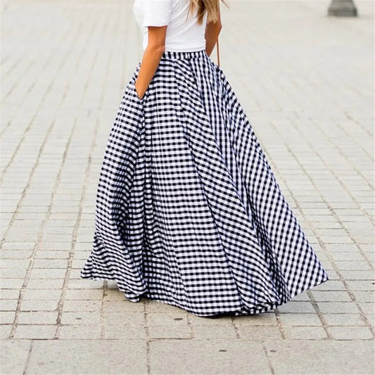Y2k New Skirts Plaid Check Elastic Waist Long Skirts Zipper Pleated Pockets Skirts