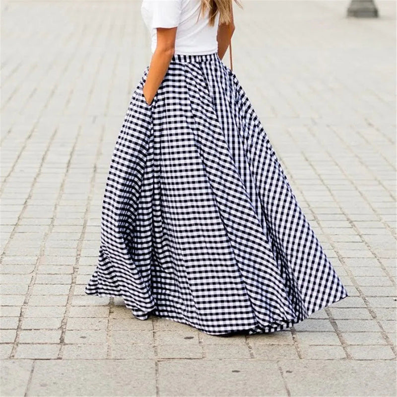 Y2k New Skirts Plaid Check Elastic Waist Long Skirts Zipper Pleated Pockets Skirts