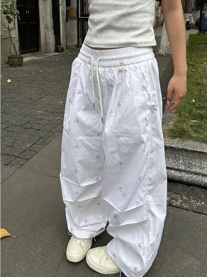 Y2k Parachute White Jogger Pants Baggy Bow Printed Sweatpants Hip Hop Slouchy Sporty Bottoms
