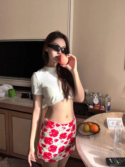 American Skirts Flower Print Design Low Waist Skirt Spring Summer New Instagram Spice Aline Y2k Skirt