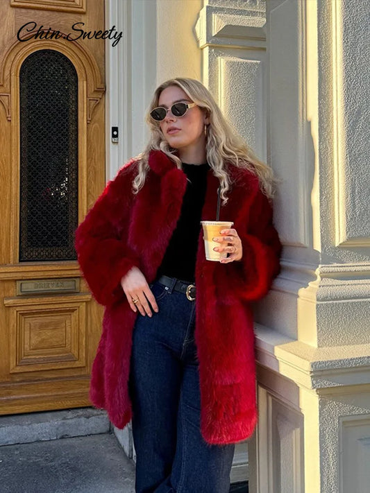 ’s Red Faux Fur Long Overcoat Fleece Thick Warm Full Sleeve Lapel Cardigan Coat Winter Loose Outerwear