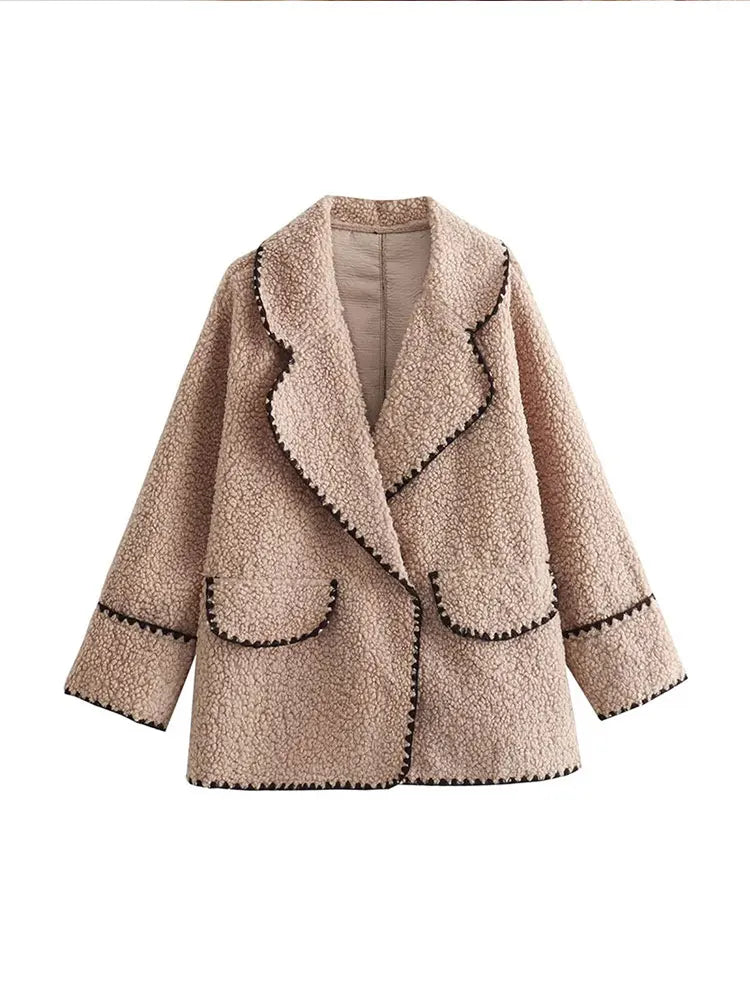 Contrasting One Button Lamb Woolen Coat Lapel Long Sleeves Short Plush Jacket Autumn Lady Street Outwear