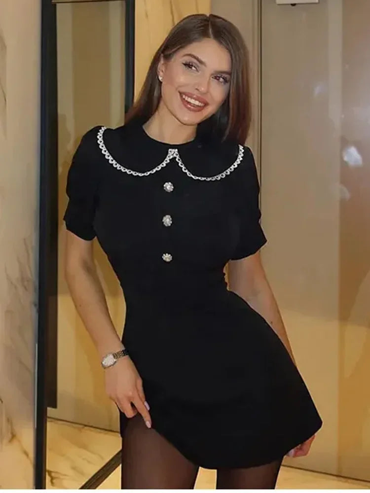 Slim Mini Dress Lace Short Sleeve Doll Collar Button Splice Autumn Classic Office Dresses Female