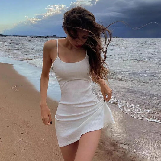 Basic Dress for White Spaghetti Strap Sleeveless a Line Mini Dresses Y2k Clothes 2000s Aesthetic Dress Beach Wear