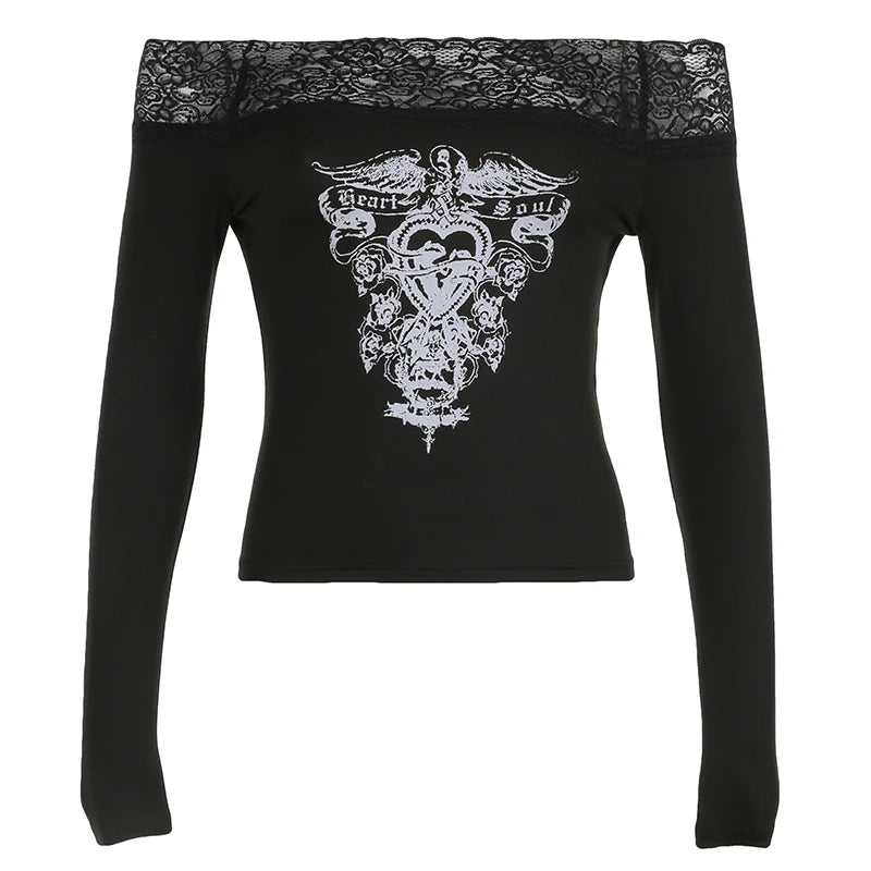 Gothic Retro Lace Trim Slash Neck Blouses �� Long Sleeve Y2k Darkly Print Autumn Tops