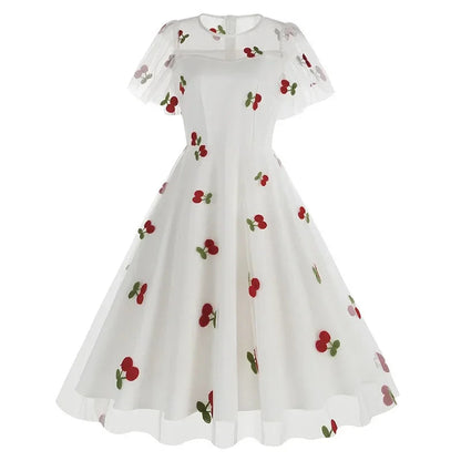 New Retro Pink Strawberry Mesh Birthday Long Dress 50s Flare Sleeve Summer Prom Evening Party Dresses