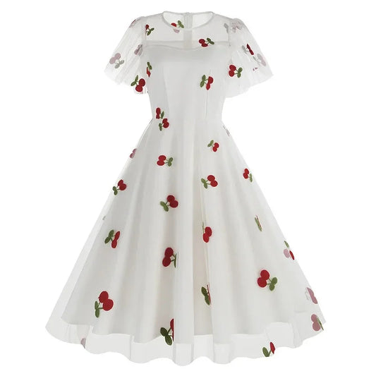New Retro Pink Strawberry Mesh Birthday Long Dress 50s Flare Sleeve Summer Prom Evening Party Dresses