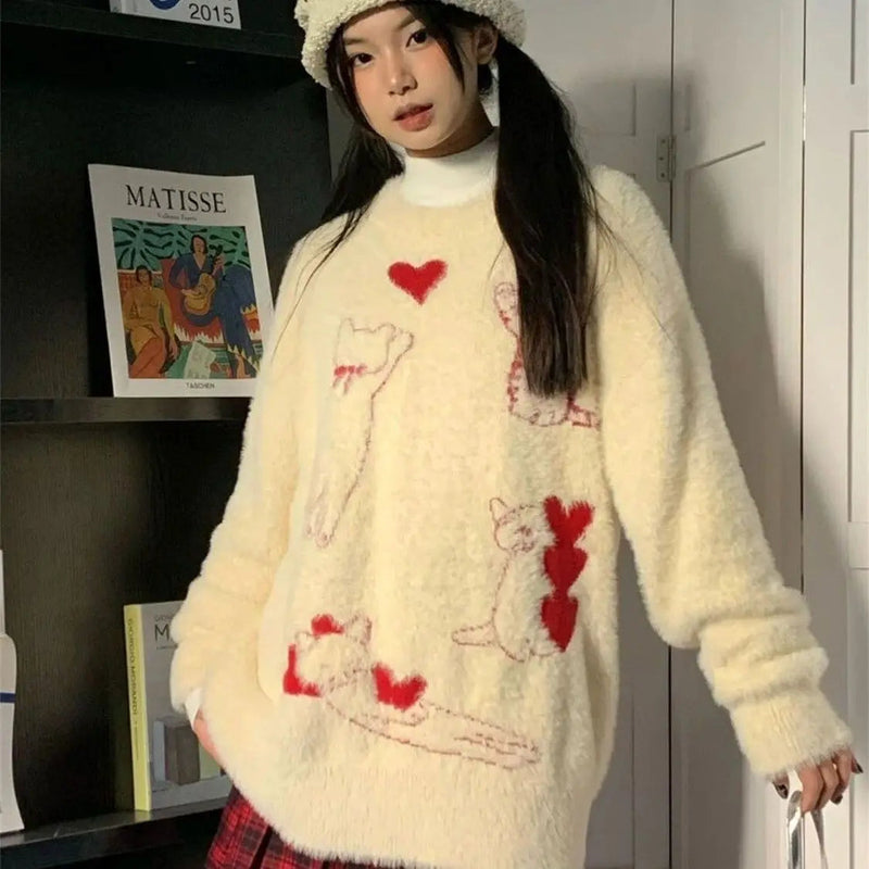 Sweet College Style Pullovers Jacquard Cat Sweater Jumper New Winter Agereducing Loose Knit Top