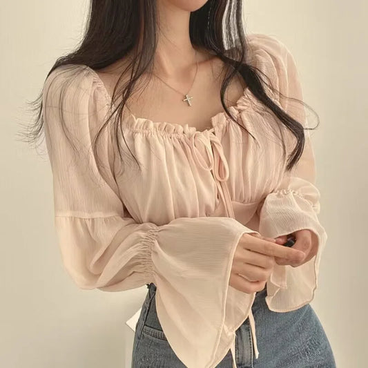 Y2k Blouses Color Drawstring Bow Ruffle Trim Long Sleeve Ruched Shirts Crop Tops Clothes