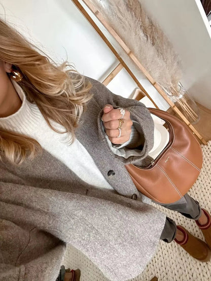 Faux Woolen Blend Jacket for Woman Winter Warm Vneck Single Breasted Loose Coats New Allmatc Jackets