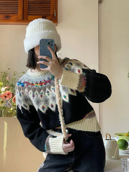 Argyle Knit ‘s Sweaters Harajuku Rainbow Color Long Sleeve Pullovers Japan Style Cutecore Winter Clothes