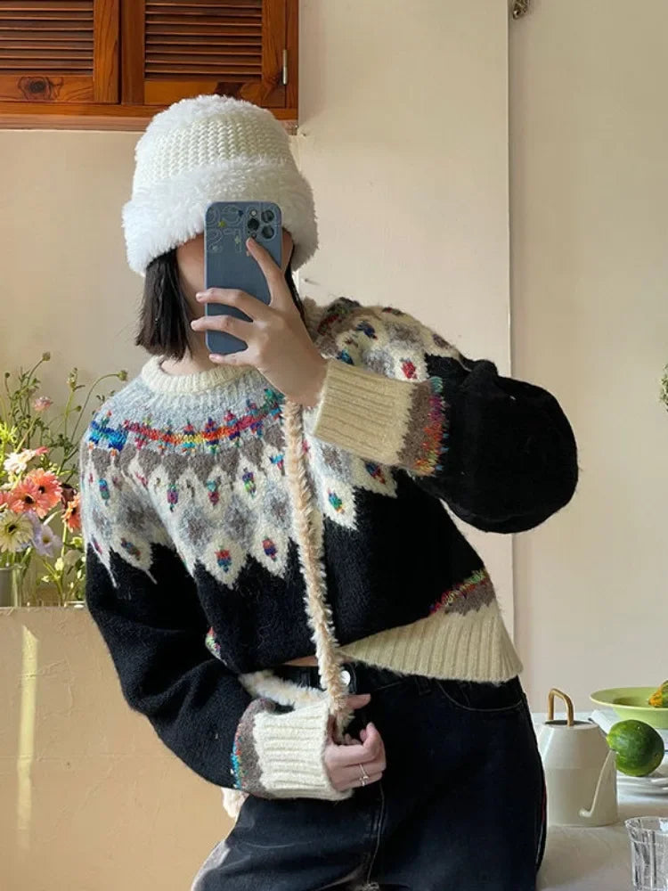 Argyle Knit ‘s Sweaters Harajuku Rainbow Color Long Sleeve Pullovers Japan Style Cutecore Winter Clothes