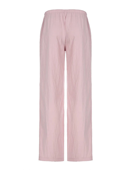 Pink Loose Woven Straight Leg Pants Drawstring Low Waist Y2k Baggy Jogging Trousers