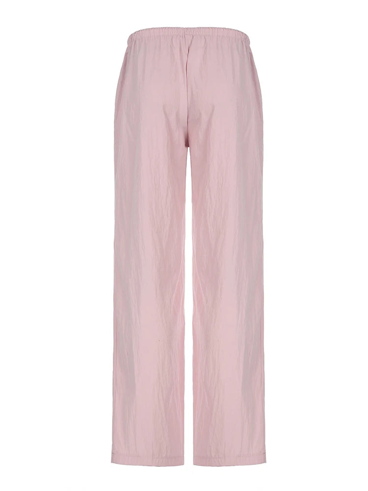 Pink Loose Woven Straight Leg Pants Drawstring Low Waist Y2k Baggy Jogging Trousers