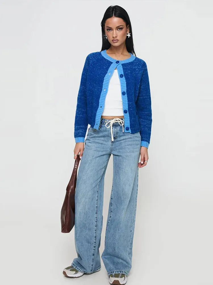 Knitted Single-breasted Cardigan Loose Contrast Color O-neck Pullover Sweaters Female Autumn Street Tops
