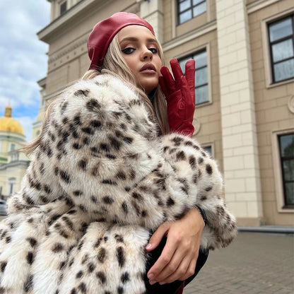 Exclusive Winter Long Belted Leopard Faux Fox Fur Coat Overcoats Stylish Street Fluffy Fox Fur Jacket
