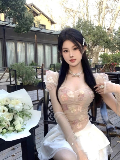 Shirts Flowers Lace Patchwork Bandage Suqare Collar Slim Short Sleeve Sweet Blouse Sweet Crop Tops