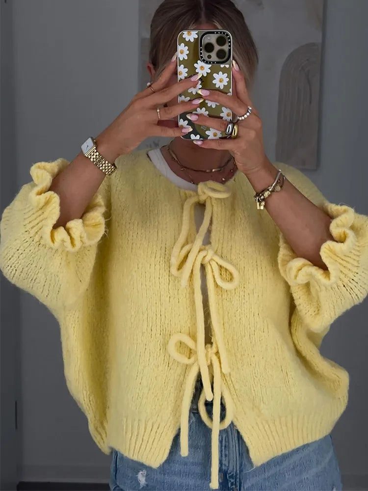 Lace Up Hollow Out Knitting Cardigan New Oneck Half Sleeve Spring Autumn Lady Allmatch Knit Sweater Outwear