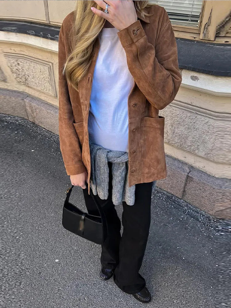 Suede Long Sleeve Jackets Autumn Loose Brown Lapel Coat Top With Pockets Female Street New in Outwear