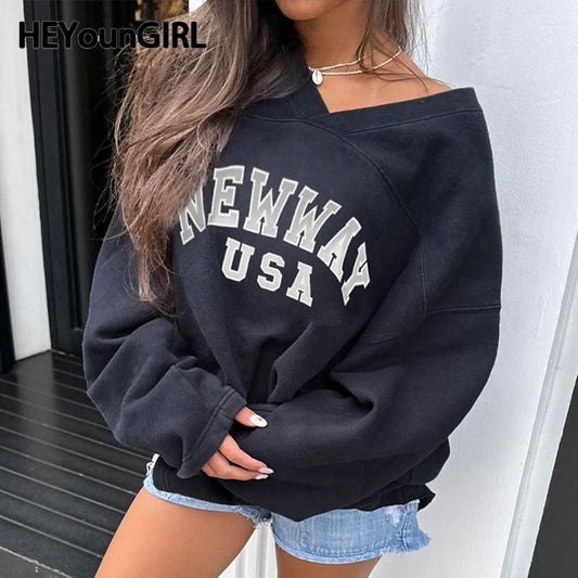 Y2k V-neck Sweatshirt Letter Print Preppy Style Dark Blue Long Sleeve Top Winter Pullovers