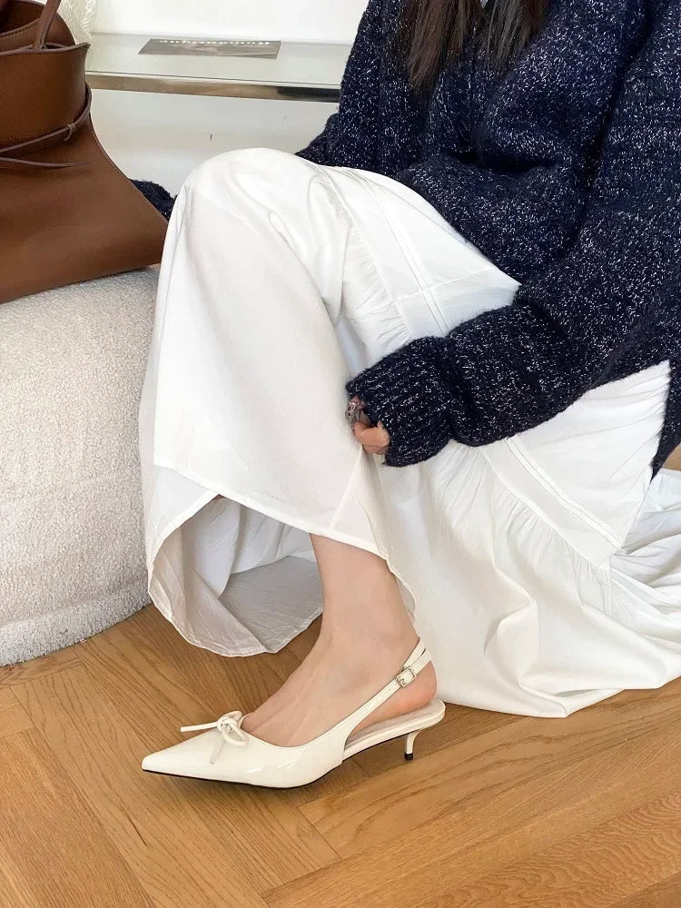 New Style Thin Low Heels Butterflyknot Woman Pumps Pointed Toe Buckle Strap Party Wedding Female Shoes