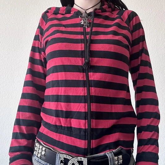 Y2k Grunge Cyber Scene Striped Zip Up Hoodies E-girl Gothic Emo Mall Goth Sweatshirts 2000s Retro Harajuku Jackets Coat Outfits