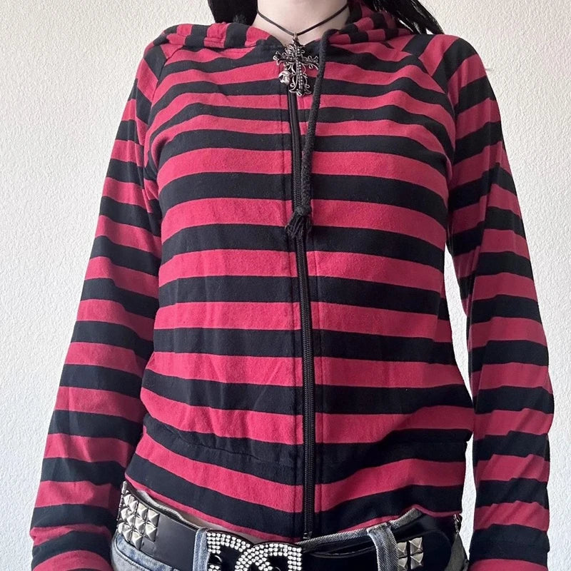 Y2k Grunge Cyber Scene Striped Zip Up Hoodies E-girl Gothic Emo Mall Goth Sweatshirts 2000s Retro Harajuku Jackets Coat Outfits