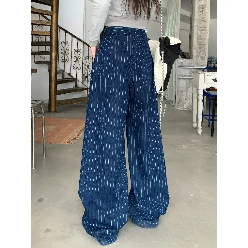 Contrast Color Striped Jeans Autumn New American High Waist Loose Allmatch Denim Wide Leg Pants