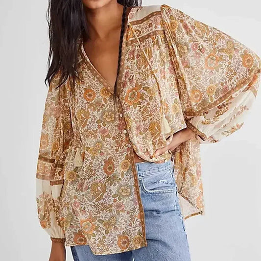 Super Print V-neck Tassel Blouse