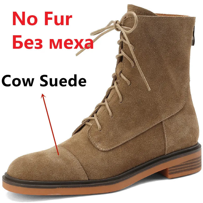 Autumn Winter Ankle Boots Office Genuine Leather Wool Low Heels Comfortable Shoes Woman