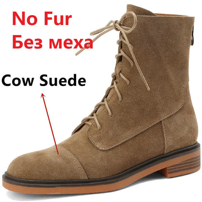 Autumn Winter Ankle Boots Office Genuine Leather Wool Low Heels Comfortable Shoes Woman