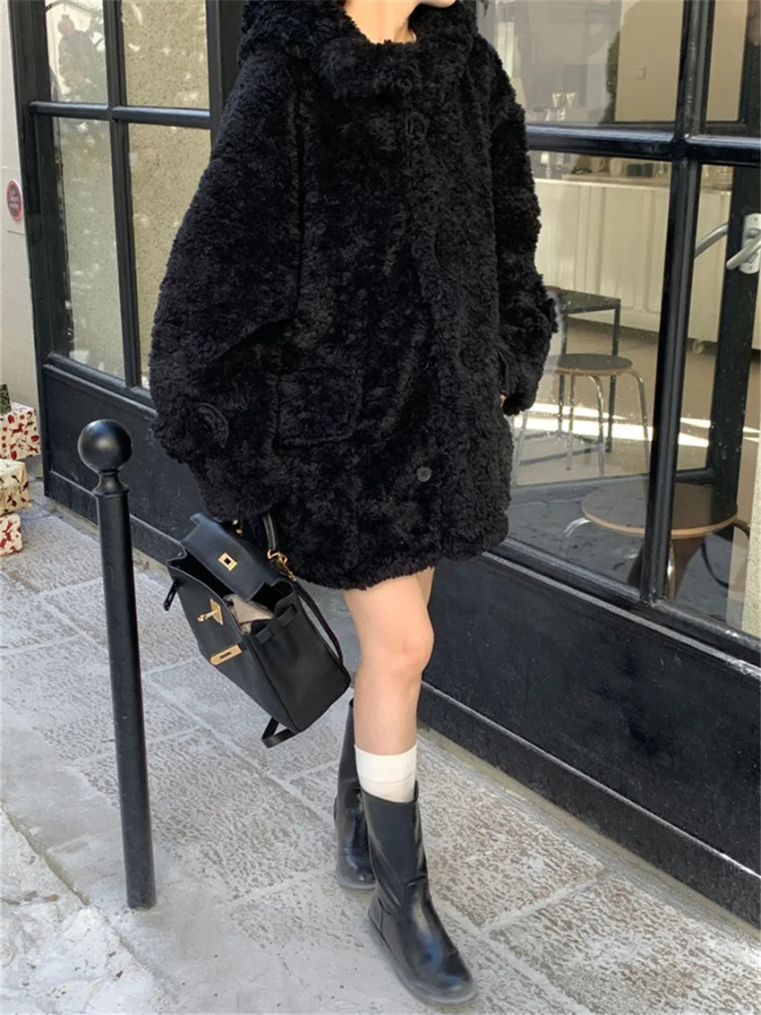 Winter Loose Lamb Wool Coats Gentle Thicken Office Lady All Match Hooded Warm Daily