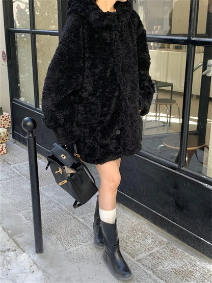 Winter Loose Lamb Wool Coats Gentle Thicken Office Lady All Match Hooded Warm Daily