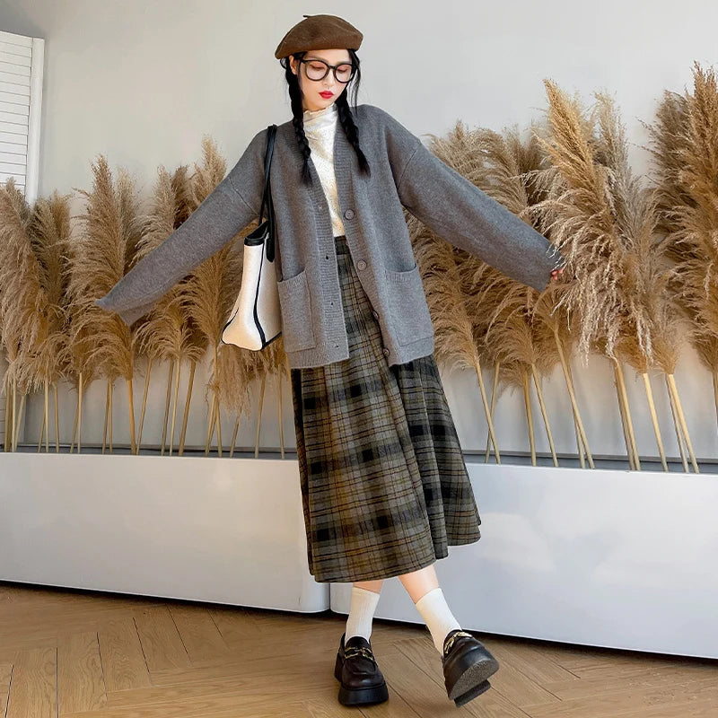 Autumn Winterthicken Warm Pockets Plaid Woolen Skirts for Female Loose High Waist Midi Skirt