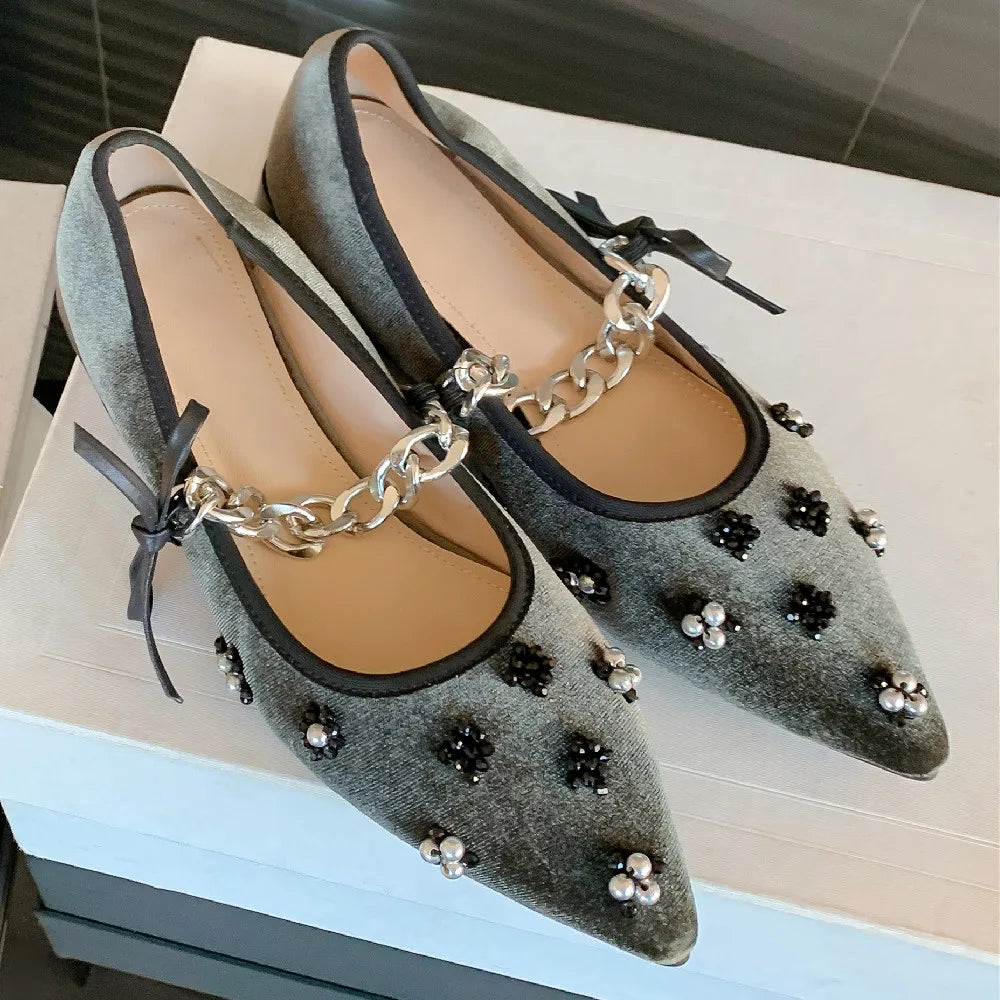 Velvet Pointed Toe Slipon Mary Jane Flats Beading Decoration Female Ballet Flats Sweet Female Ballerians Shoes