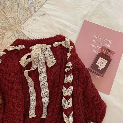 Sweet Hot Girl Christmas Red Twist Sweater Autumn/winter Laceup Bow Knitted Pullover Female Clothes