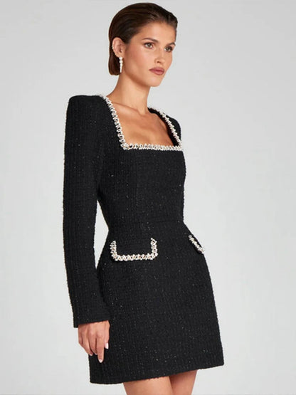 Tweed Mini Dress Square Collar Long Sleeve Shoulder Pads Dresses Female Autumn Lady Highstreet Robes