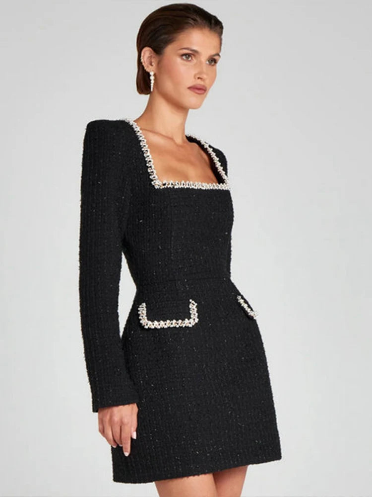 Tweed Mini Dress Square Collar Long Sleeve Shoulder Pads Dresses Female Autumn Lady Highstreet Robes