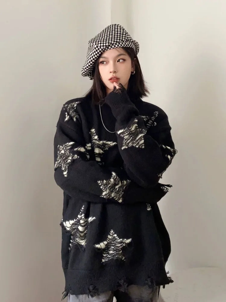 Star Hollow Out Sweater Autumn Winter Oversized Harajuku Pullover Punk Grunge Goth Hip Hop Tops Clothes