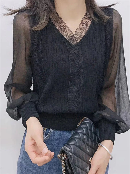 Spring Autumn Style Blouses Tops Lady Long Sleeve V-neck Lace Blusas Tops Df4452